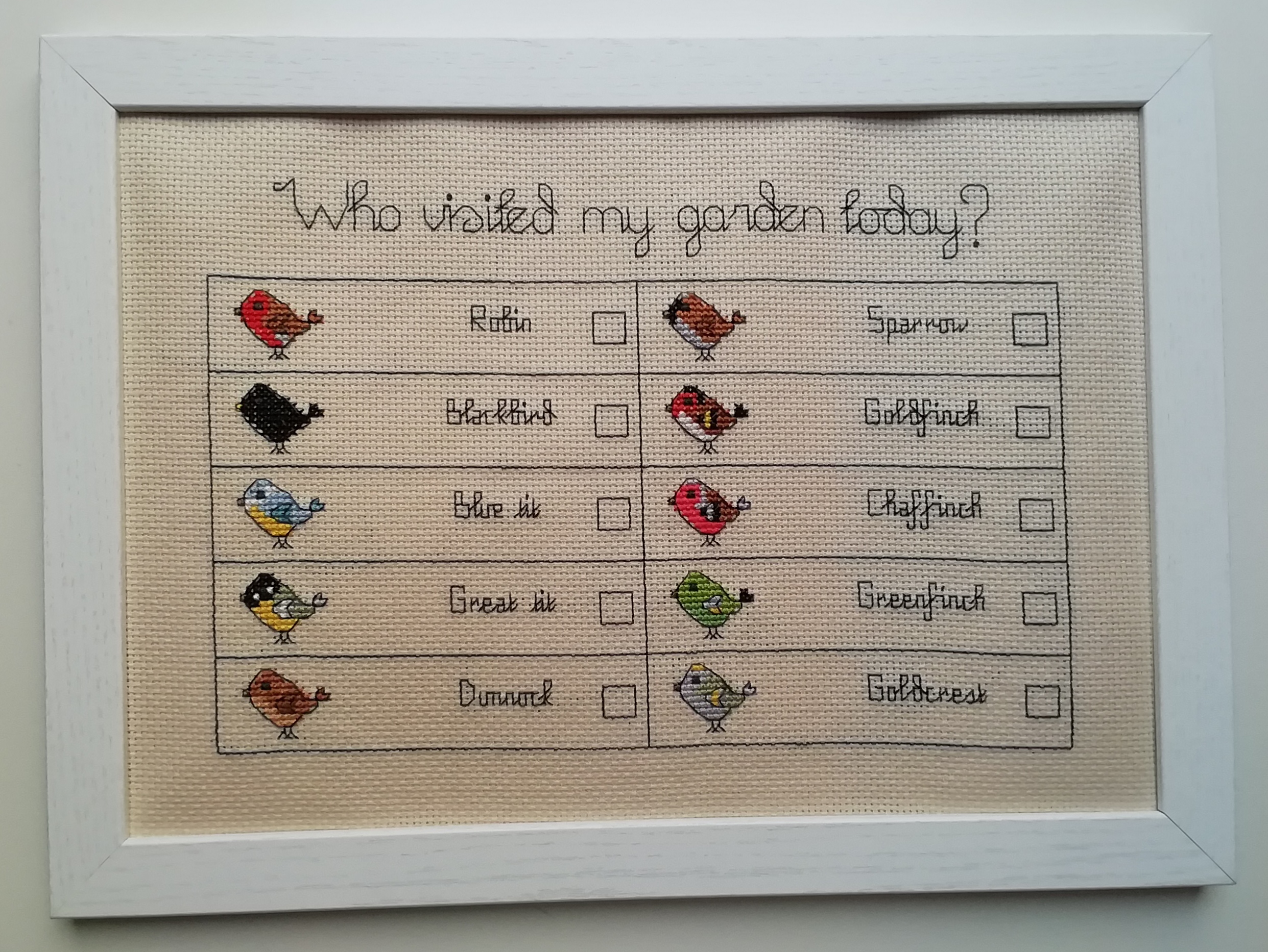 cross stitch of garden birds